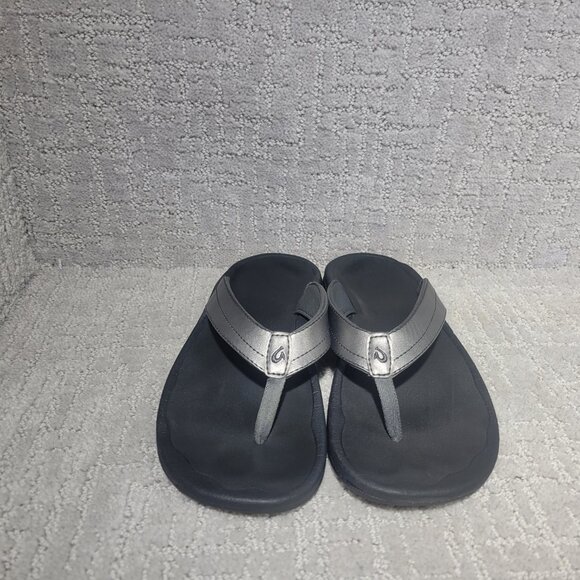 Olukai Ohana Women's Size US 9 Silver Pewter Leather Slip On Flip Flop Sandals - Picture 6 of 10